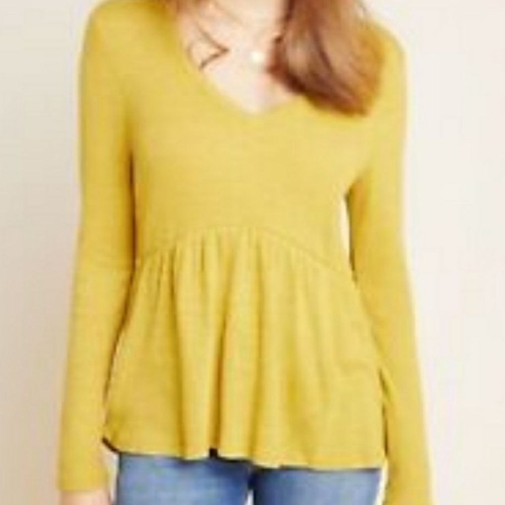 Anthropologie  Long-sleeve V-neck Peplum Yellow Top Lightweight Sweater Size XL